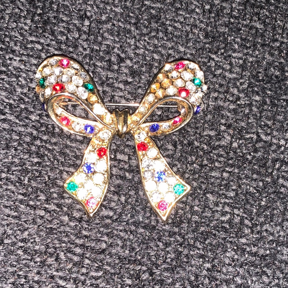 Colorful Rhinestone Bow Brooch